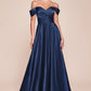 Cinderella Divine 7493C Long Plus Size A-Line Off the Shoulder Satin Dress