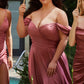 Cinderella Divine 7493C Long Plus Size A-Line Off the Shoulder Satin Dress