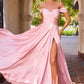 Cinderella Divine 7493C Long Plus Size A-Line Off the Shoulder Satin Dress