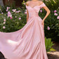Cinderella Divine 7493C Long Plus Size A-Line Off the Shoulder Satin Dress