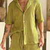Men's Plus Size Button Down Half Sleeve Top and Shorts Set - Yellow-Green