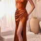 Ladivine 7495 Long Fitted Bustier Satin Draped Gown