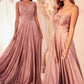 Ladivine 7497 Long A-Line Satin Keyhole Twisted Bodice Formal Gown