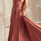 Ladivine 7497 Long A-Line Satin Keyhole Twisted Bodice Formal Gown