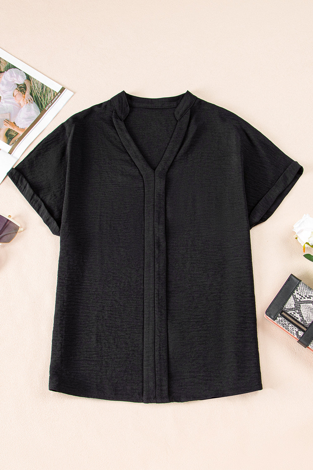 Lilla Notched Neck Batwing Sleeve Lightweight Blouse - Farnelli