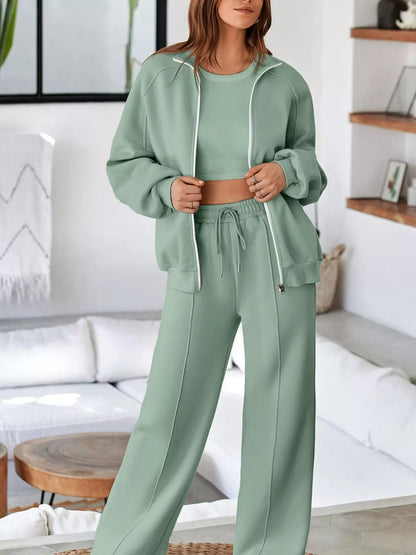Drop Shoulder Zip Up Jacket and Drawstring Pants Active 2pcs Set - Farnelli