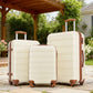 HouseOfZazla 3-piece hardside spinner luggage set in blue, purple, pink, and beige with TSA locks