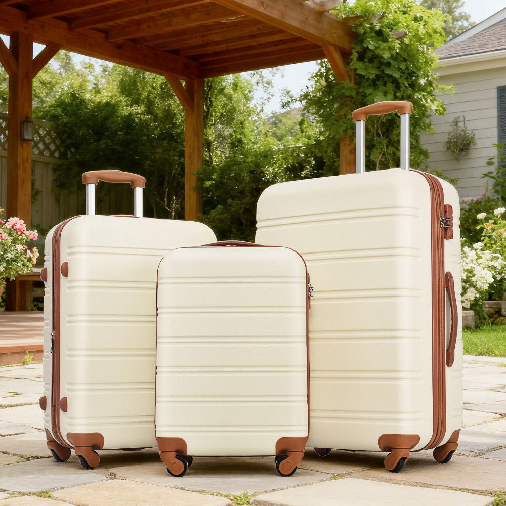 HouseOfZazla 3-piece hardside spinner luggage set in blue, purple, pink, and beige with TSA locks