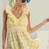 BiBi Ruffled Neckline Sleeveless Check Plaid Peplum Top - LEMON/IVORY