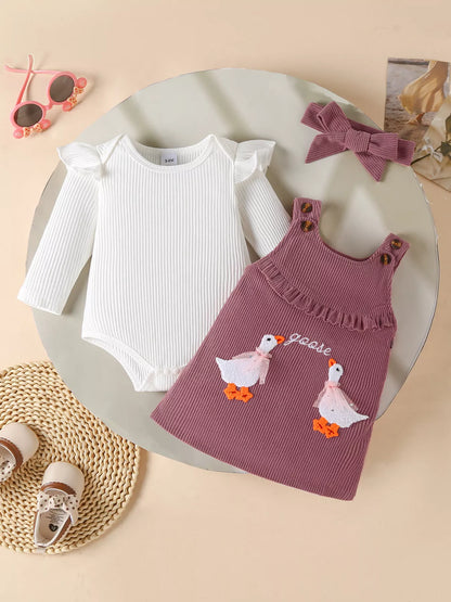 Children's Ruffled Trim Bodysuit and Dress Set with Headband - Farnelli