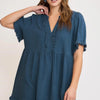 Umgee Full Size Raw Hem Notched Babydoll Linen Blouse Plus Size - French Blue