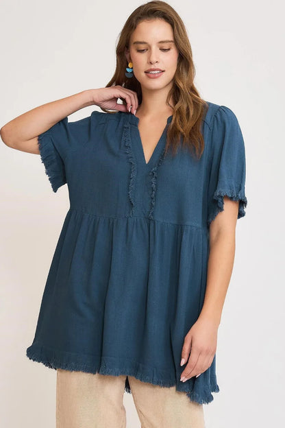 Umgee Full Size Raw Hem Notched Babydoll Linen Blouse Plus Size - Farnelli
