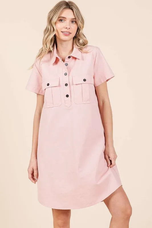 Mittoshop Button Detail Collared Neck Short Sleeve Shirt Dress - Farnelli