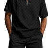 Men's Full Size Quarter Zip Short Sleeve Top and Shorts Set Plus Size - Black