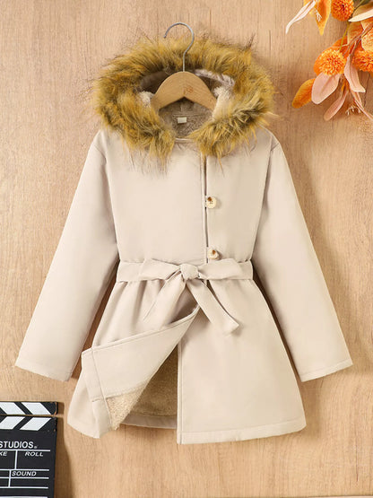Children's Tie Waist Faux Fur Hooded Outerwear - Farnelli