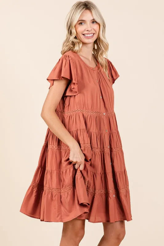 Mittoshop Lace Detail Ruffled Button Down Tiered Dress - Farnelli