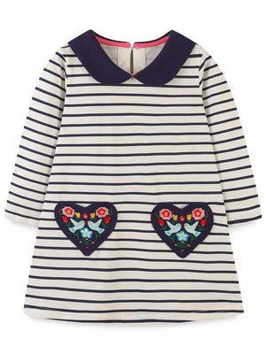Children's Embroidered Striped Long Sleeve Dress - Farnelli