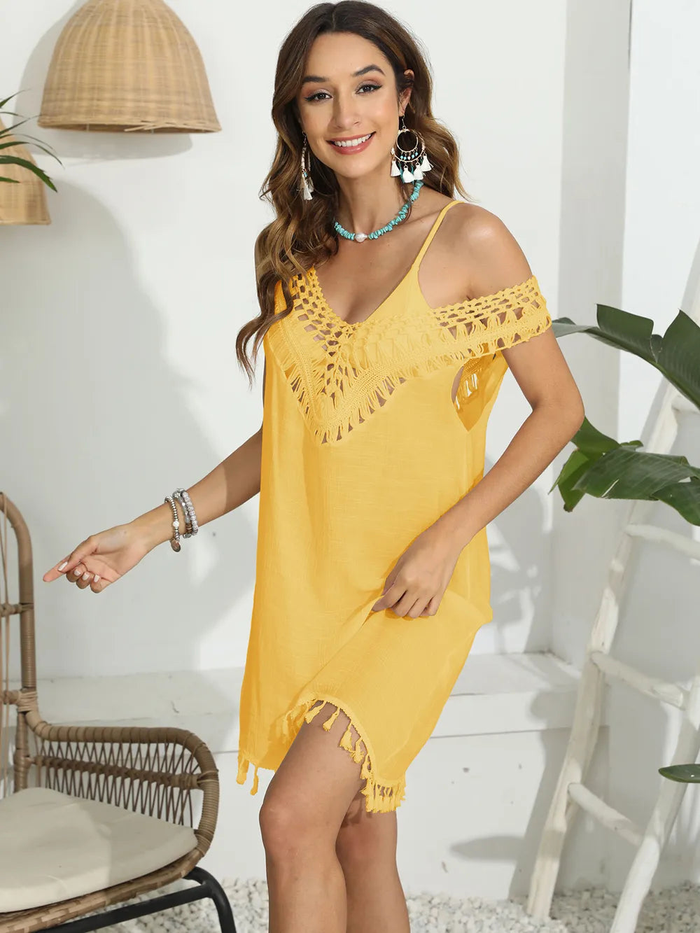 Tassel Scoop Neck Wide Strap Cover-Up - Farnelli