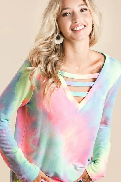 BiBi Tie Dye French Terry V-Neck Top with Strapped - Farnelli