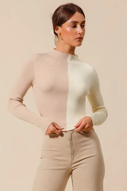 SO ME Color Block Fitted Crop Sweater Top - Farnelli