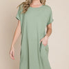 BOMBOM Ribbed Round Neck Short Sleeve Dress - Sage