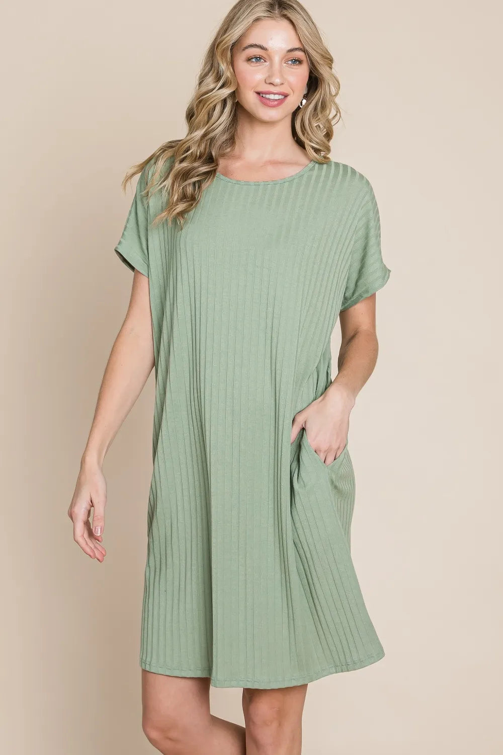 BOMBOM Ribbed Round Neck Short Sleeve Dress - Farnelli