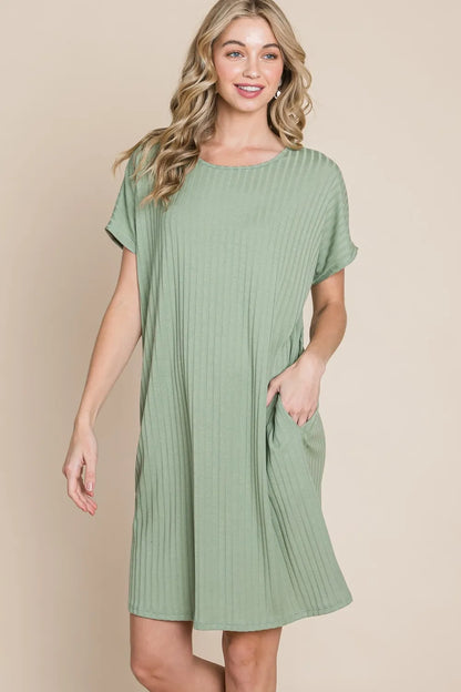 BOMBOM Ribbed Round Neck Short Sleeve Dress - Farnelli