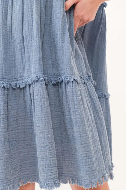 And The Why Washed Frayed Detail Tiered Dress - Farnelli