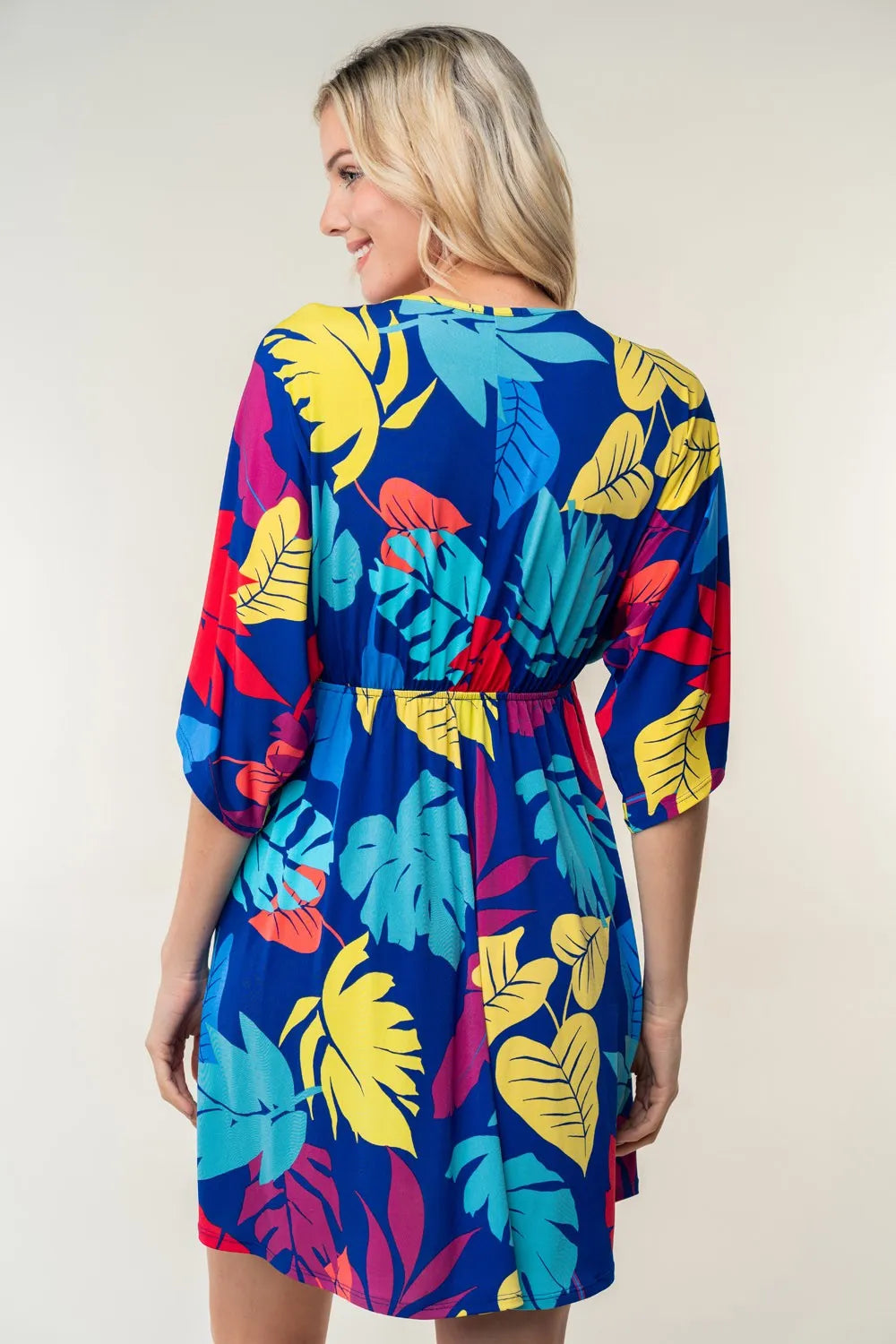 White Birch Full Size Printed V-Neck Mini Dress - Farnelli