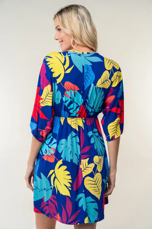 White Birch Full Size Printed V-Neck Mini Dress - Farnelli
