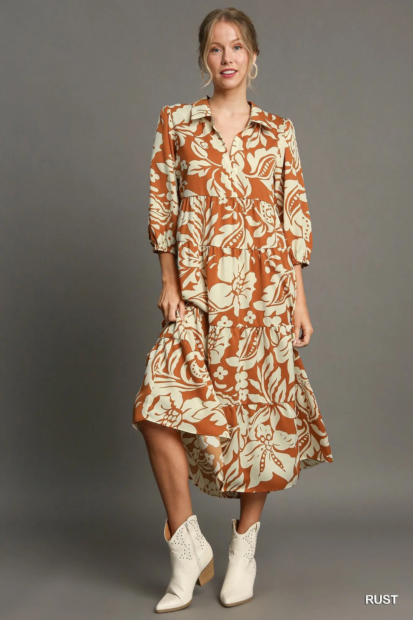 Umgee Full Size Floral Tiered Midi Shirt Dress Plus Size - Farnelli