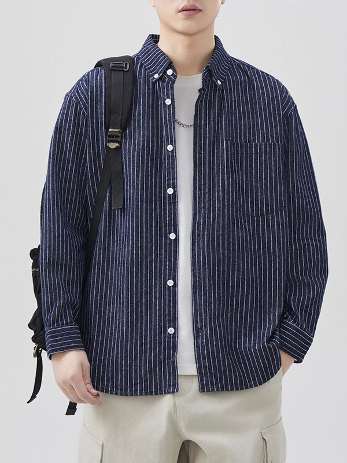 Men's Plus Size Striped Button Up Long Sleeve Shirt - Farnelli
