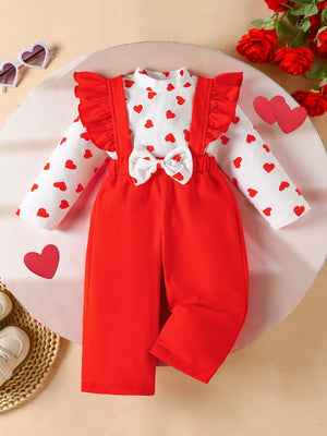 Children's Heart Print Top and Suspender Pants Set - Farnelli