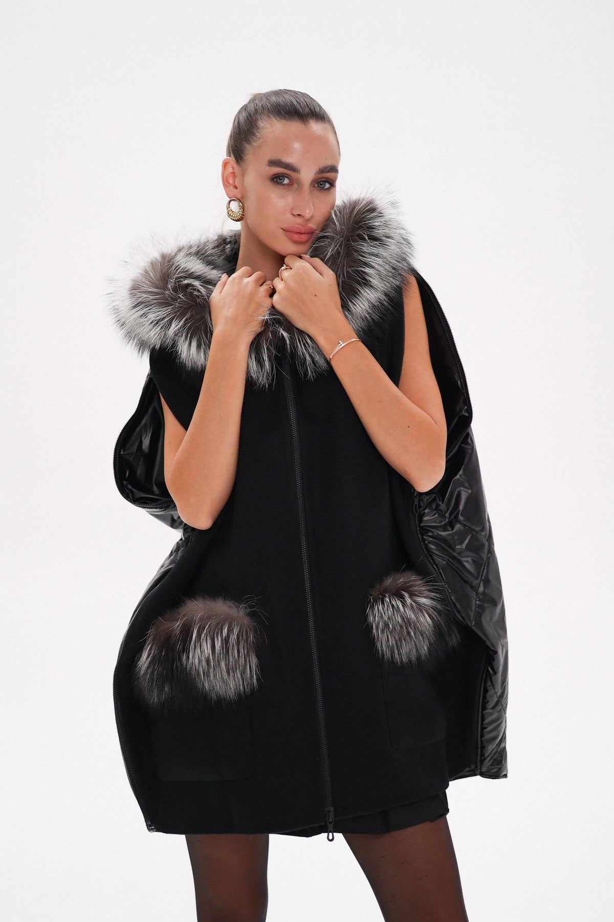 Alaska Outerwear Company black Saga Furs silver fox wool cashmere poncho vest coat