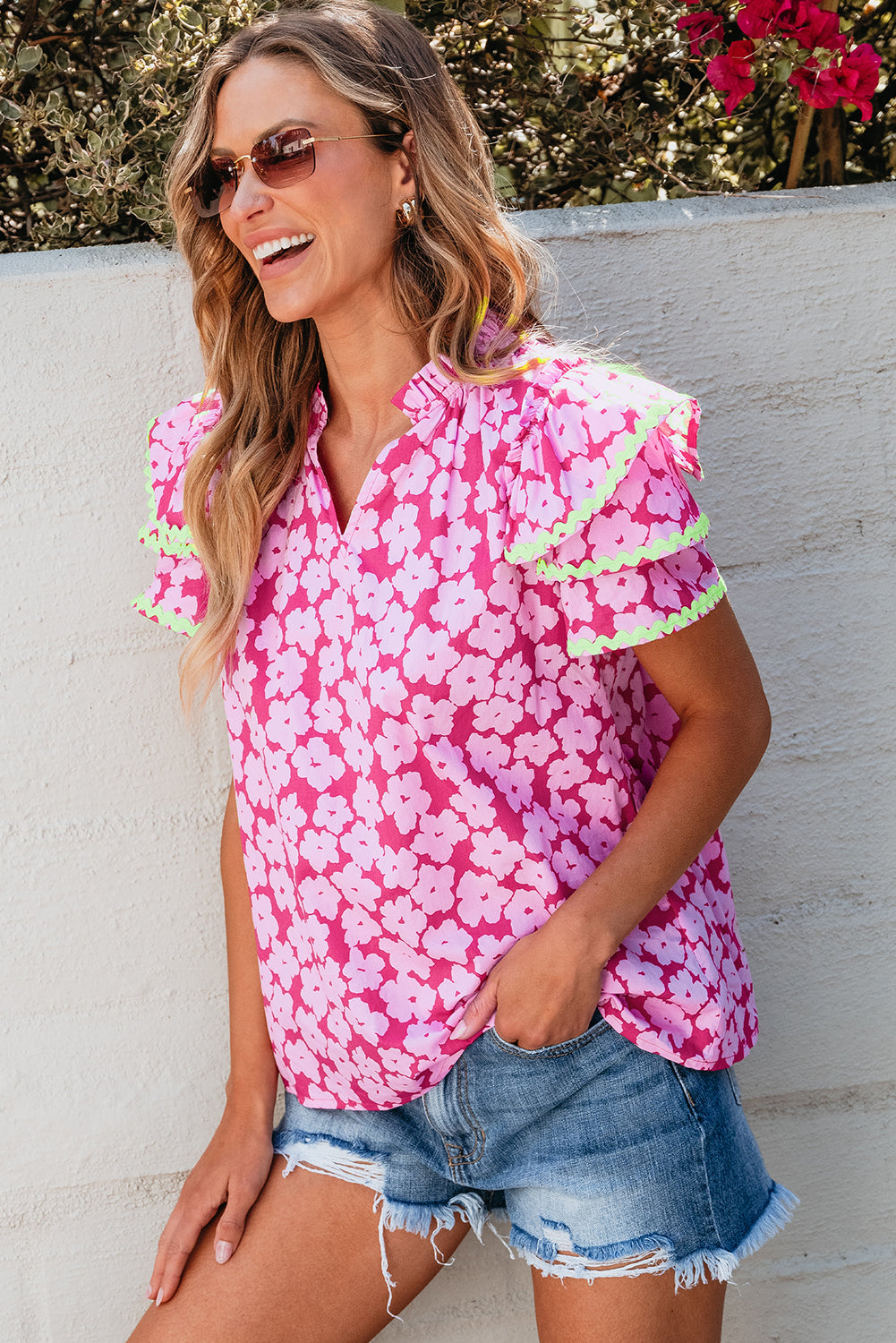 Capri Floral Ric Rac Ruffle Sleeve Blouse - Farnelli