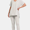 Zenana V-Neck Rolled Short Sleeve T-Shirt and Leggings Lounge Set - Lt Cement