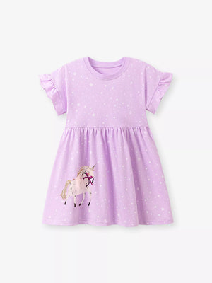 Children's Unicorn Star Print Ruffled Sleeve Dress - Farnelli