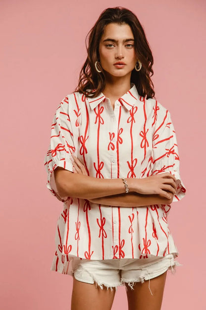 BiBi Bow Ribbon Woven Printed Button Down Shirt - Farnelli