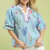 Umgee Floral Puff Sleeve Blouse with Scallop Trim Collar - SEAFOAM