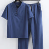 Men's Plus Size V-Neck Short Sleeve Top and Pants Set - Navy