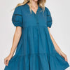 Umgee USA Full Size Lace Detail Puff Sleeve Mini Dress Plus Size - Cerulean