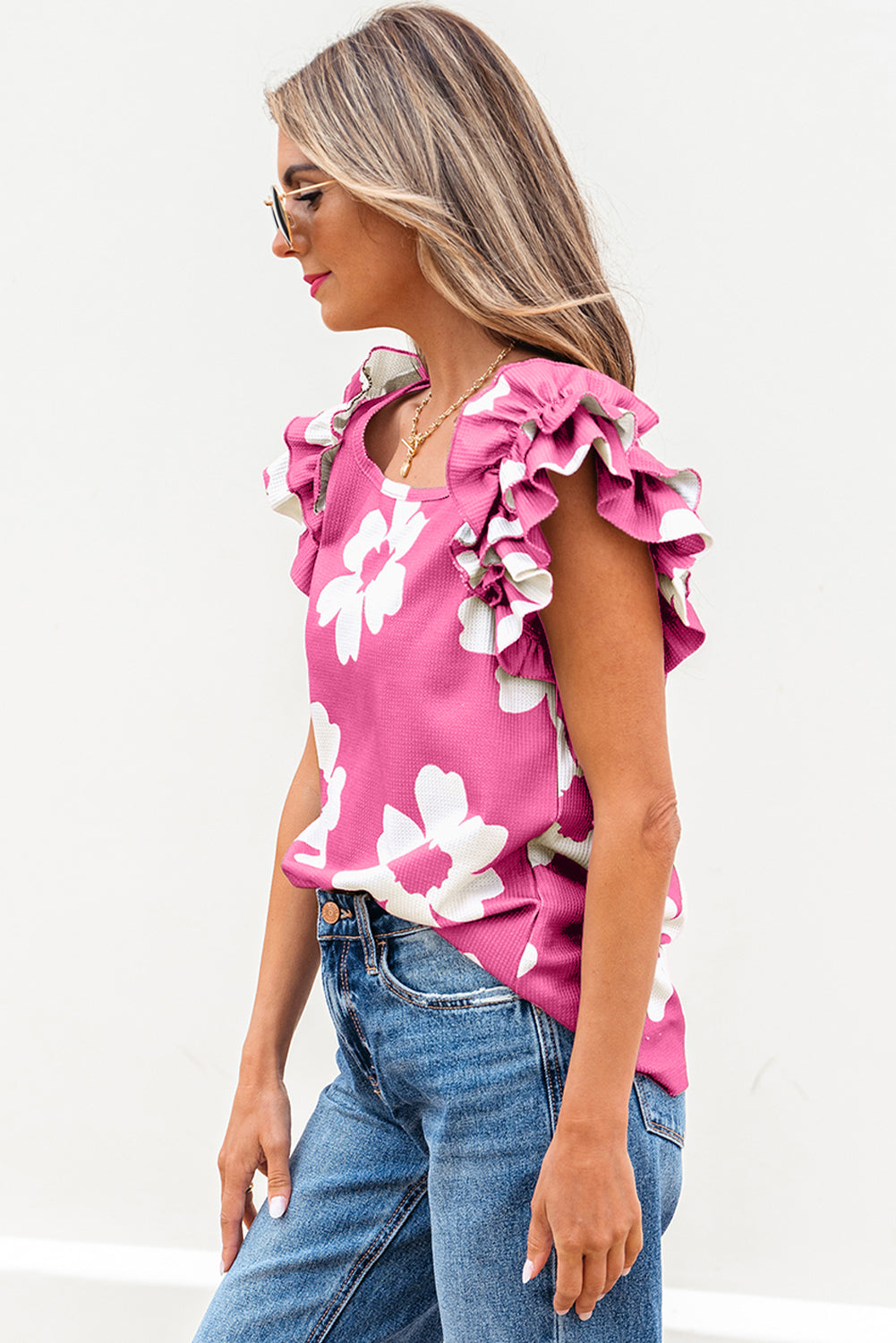 Mazie Floral Ruffled Short Sleeve Blouse - Farnelli