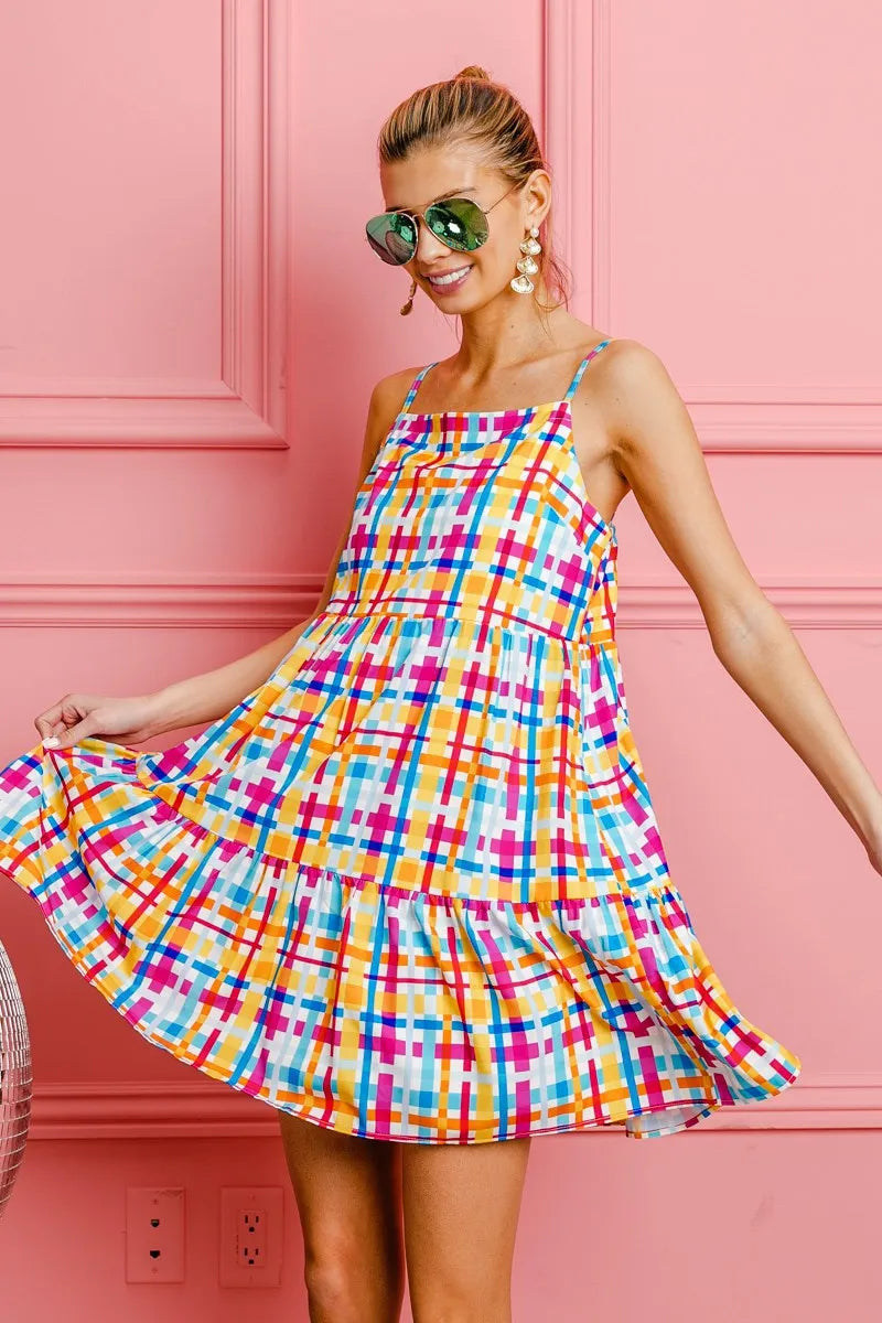 BiBi Multi Colors Plaid Sleeveless Sun Dress - Farnelli
