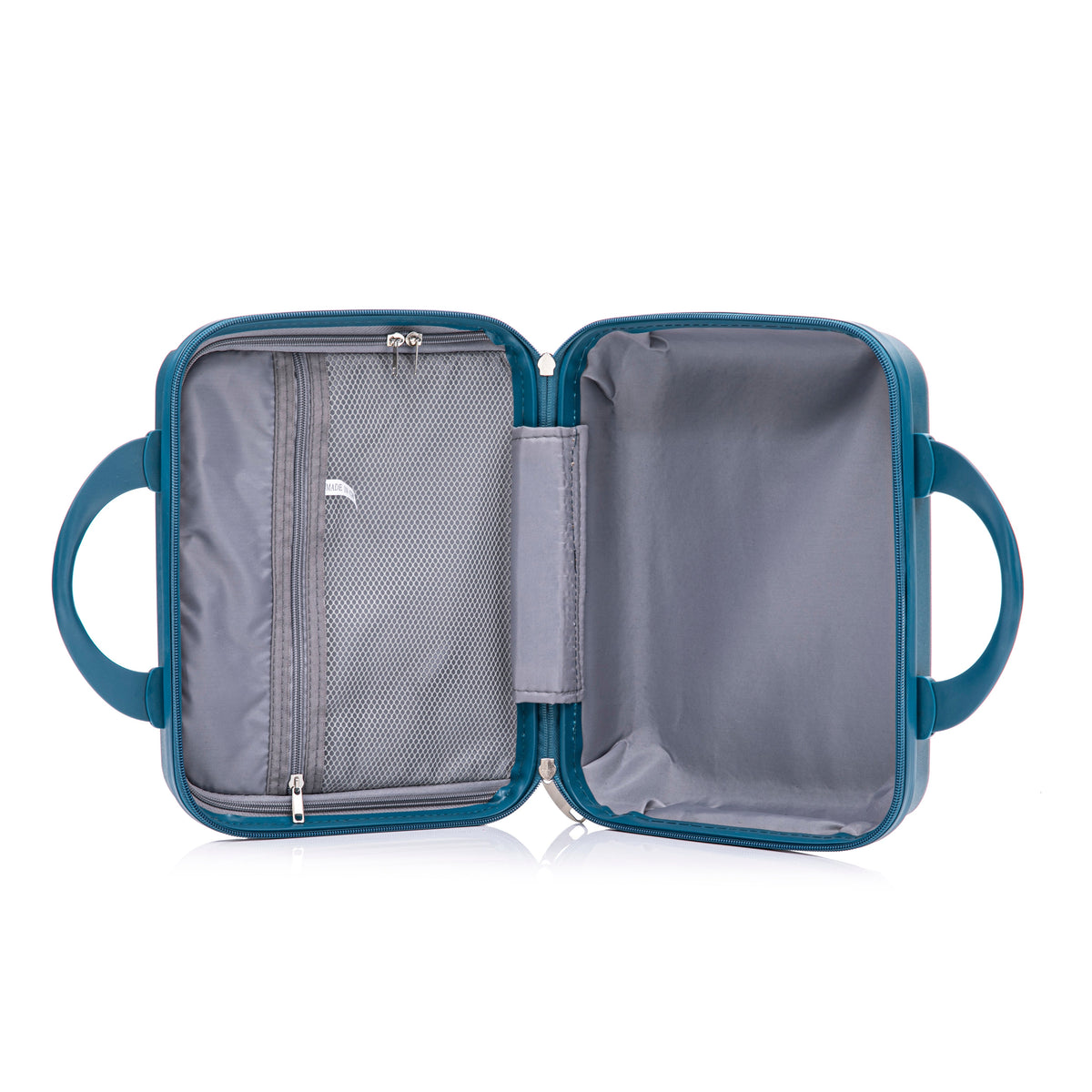 HouseOfZazla blue 4-piece hard case luggage set with spinner wheels and matching cosmetic case