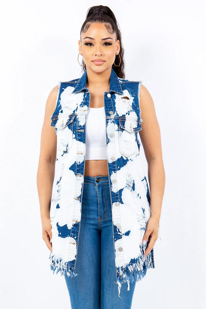 American Bazi Distressed Frayed Edge Longline Denim Vest - Farnelli