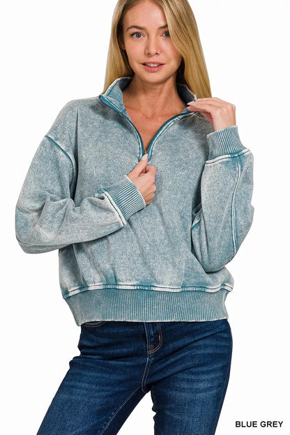 Zenana Acid Wash Fleece Half Zip Sweatshirt - Farnelli