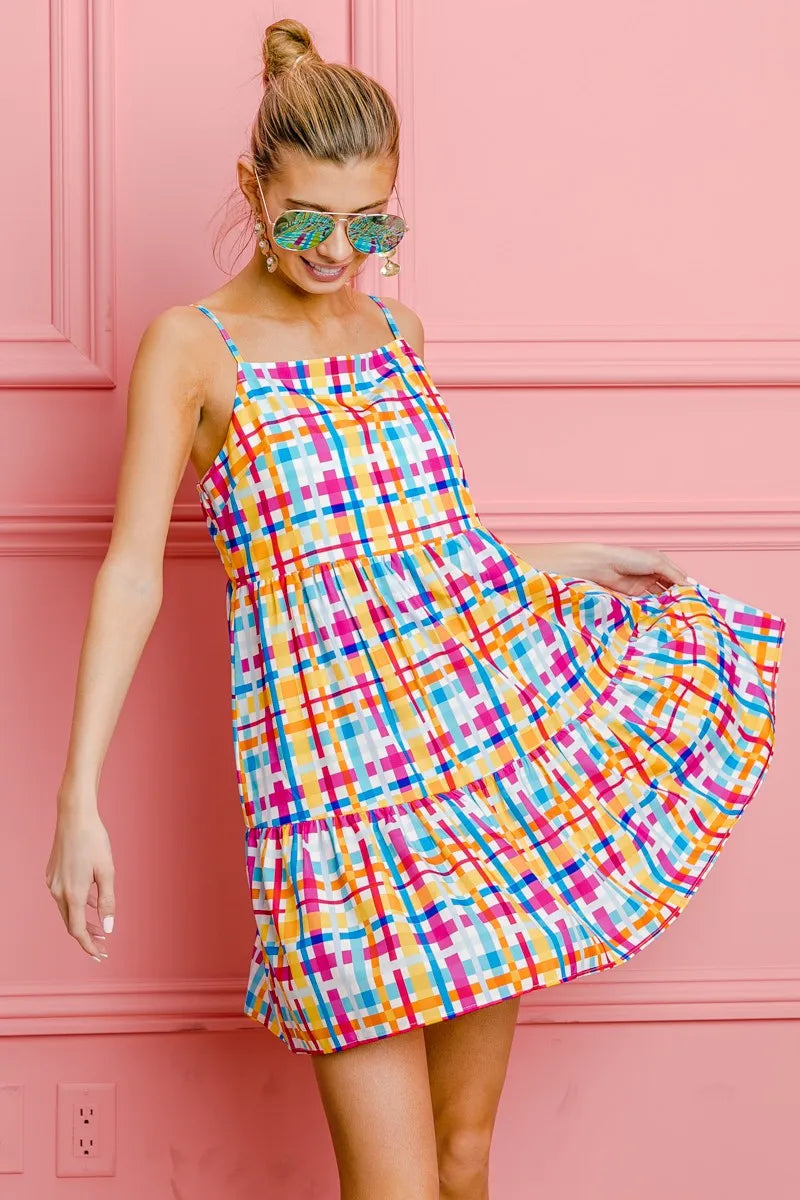 BiBi Multi Colors Plaid Sleeveless Sun Dress - Farnelli