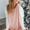 BiBi Cable Sweater Knit Top with Contrast Puff Sleeve - ROSE LT