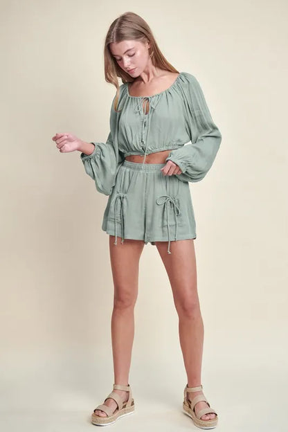 MABLE Gauze Long Sleeve Button Crop Top and Short Set - Farnelli