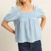 HYFVE Crochet Detail Puff Sleeve Peasant Top - BLUE